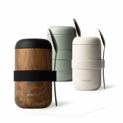 MAMEIDO Thermobehälter für Essen 500ml, Müslibecher to go Edelstahl, Thermobecher Essen auslaufsicher, Ideal für Joghurt, Porridge, Babybrei, Suppen & Eis (Oak Wood, 0,5l)