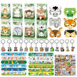 JWTRSVTY 98Pcs Tiere Geschenk Kindergeburtstag Party Mitgebsel, Geschenktasche Tiere Armbänder Papier Maske Schlüsselanhänger Aufkleber, Tiere Kinder Gastgeschenke, für Mädchen Jungen Thema Geschenke