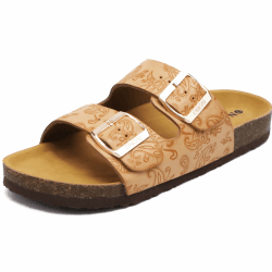 ONCAI Sandalen Damen Kork-Fußbett Pantoletten Damen Flach Rutschfest Sommer Badelatschen Mit Verstellbarer Rieme Größe 36-43 Floral Beige 41 EU