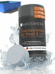 NASSWERK® Multitabs Pool 5 in 1 (1kg) | 200g Pooltabs Multitabs 5 in 1 mit Chlor, Algizid, pH Stabilisator, Flockungsmittel & Reiniger | Langzeit Chlortabletten für Pool 5 in 1 für sauberes Poolwasser