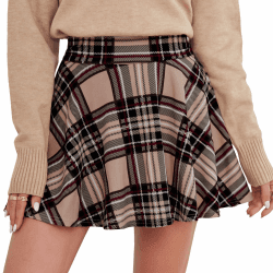 DJT Damen Mädchen Basic Solid Dehnbaren Informell Mini Skater Rock mit Shorts S Rosa Kariert
