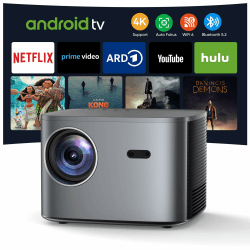 Beamer 4K【Netflix & Autofokus】 Auto 6D Trapezkorrektur WiFi6 Bluetooth, 25000 Lumen 1080P Full HD Beamer Heinkino mit 50% Zoom, Smart Beamer mit Android TV, LED Handy Projektor