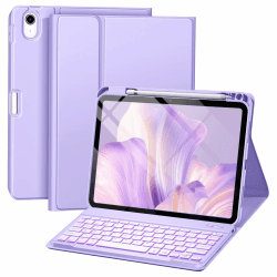 drivego Hülle mit Tastatur für iPad 10 Generation 10.9 Zoll 2022, 7-Farbige Beleuchtete, Magnetische Abnehmbar Tastatur für iPad 10. Generation mit Stifthalter, QWERTZ Layout, Lavendel
