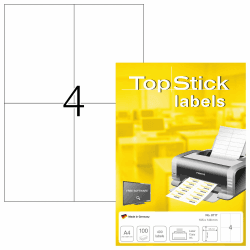 TopStick 8717 Universal Etiketten, 100 Blatt, 105 x 148 mm, 4 pro A4 Bogen, 400 Stück, selbstklebend, bedruckbar, matt, blanko Papier Klebeetiketten Aufkleber, weiß