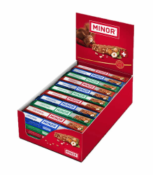 Schweizer Schokolade | MINOR Original Stengel | 44 Schokoladenriegel á 42g im Thekendisplay | 1,848kg Großpackung | Nougat/Gianduja | Maestrani Milchschokolade | Glutenfrei | Ohne Palmfett
