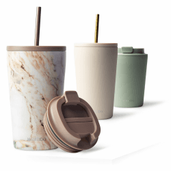 MAMEIDO Thermobecher mit Strohhalm 470ml & 700ml - Trinkbecher mit Deckel und Strohhalm aus Edelstahl doppelwandig isoliert, auslaufsicher - Coffee to go Becher (Pearl Marble, 0,47l)