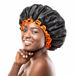 mikimini Extra große schwarze Duschhauben, 2er-Pack, für Damen und Herren, dicke lange Haarzöpfe, wiederverwendbare, wasserdichte, doppellagige XL-Badehaarhaube mit leuchtend orangefarbenem Rand