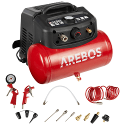 Arebos 6L Druckluftkompressor Kompressor 1200W 8 bar 180 l/min Ansaugleistung | inkl. 13-tlg. Druckluft-Werkzeug-Set | Abschaltautomatik | Extra langer Luftschlauch | ölfrei | Luftkompressor 8 bar