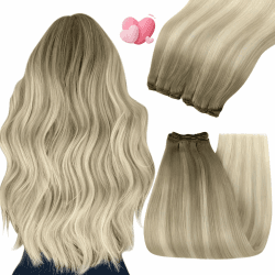 YoungSee Echthaar Tressen zum Einnahen Blond 40cm Tressen Echthaar Aschblond Ombre Blond Haartressen Echthaar Weft Extensions Echthaar Doppelt Tressen Weave Extensions Echthaar 100g #18/60A/60 40 cm 2-Weft-1-#SUN