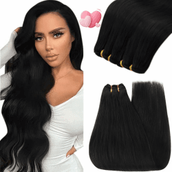 YoungSee Echthaar Tressen Schwarz 55cm Tressen Extensions Echthaar Haartressen Echthaar zum Einnahen Weft Tressen Weaving Hair Extensions Weft Extensions Echthaar Tressen Doppelt Tressen 100g #1 55 cm 2-Weft-1-#1