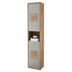 GREECE Badezimmer Hochschrank in Basalt, Wotan Eiche Optik mit Hirnholz-Applikationen - Badezimmerschrank Bad Schrank mit viel Stauraum - 40 x 190 x 30 cm (B/H/T)