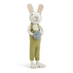 Gry & SIF XXL Osterfigur aus Filz mit biegbaren Armen und Beinen zum Hinstellen oder Hinsetzen, liebevolle Osterdeko, Handmade, Fairtrade-Zertifiziert | Osterhase mit Hose und Osterei, 60 cm
