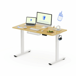FlexiSpot Höhenverstellbarer Schreibtisch Basic–Mit Kabelmanagement, Haken und EINTEILIGER Tischplatte, Ergonomischer Homeoffice-Tisch, Bürotisch (120x60cm, Ahorn)