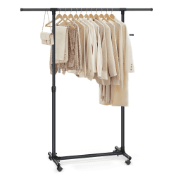 SONGMICS Kleiderständer auf Rollen, Kleiderstange, höhenverstellbar zwischen 97 und 165 cm, ausziehbare Garderobenstange, Garderobenständer, seitliche Haken für Accessoires, schwarz LLR001B01