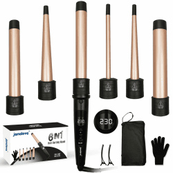 9-32mm Lockenstab mit Verschiedenen Aufsätzen - janelove 6 in 1 Lockenstab für Kurze Haare Kleine Locken, 80°C-230°C Lockenstab für Große Locken mit Handschuhe & Nylontasche (Gold)