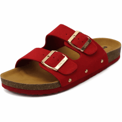 ONCAI Sandalen Damen Kork-Fußbett Pantoletten Damen Flach Rutschfest Sommer Badelatschen Mit Verstellbarer Rieme Größe 36-43 Rot 38.5 EU