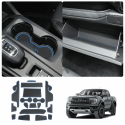 LUWU Kompatibel mit Ford Ranger T9 2023 2024 Raptor Wildtrak XLT Gummimatten Mittelkonsole Antirutschmatten Getränkehaltermatt Türschlitzmatte Aufbewahrungsbox Rutschfestermatte (Blau)