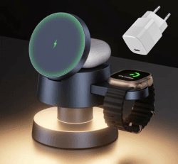 iVANKY für iPhone 16 Pro Max 4 in 1 Ladestation mit Nachtlamp für Magsafe Wireless Charger, 22.5 W Induktive Kabellose Ladegerät 3 in 1 Schnellladung, Apple iWatch Ultra, AirPods (Mit 30W-Netzteil)