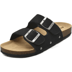 ONCAI Sandalen Damen Kork-Fußbett Pantoletten Damen Flach Rutschfest Sommer Badelatschen Mit Verstellbarer Rieme Größe 36-43 Schwarz 39 EU