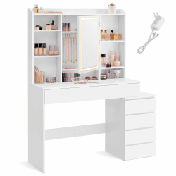VASAGLE Schminktisch mit LED-Beleuchtung, einstellbare Helligkeit, Frisiertisch mit Spiegel, Kosmetiktisch mit Schubladen, offenen Fächern, verstellbaren Ablagen, modern, wolkenweiß RDT624W01