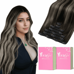YoungSee Echthaar Extensions Clip Ombre 50 CM Clip in Extensions Echthaar Schwarz Ombre Silber Extensions Echthaar Clip Invisible Echthaar Clip in Extensions Balayage fur Damen 120g #1B/S/1B 50 cm-120g 1-Clip-2-#1B/Silver/1B
