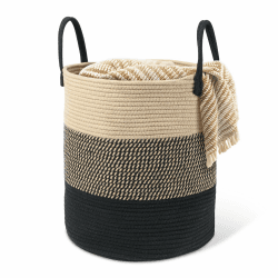 HDRNT Wäschekorb Geflochten aus Baumwolle，45L Wäschesammler mit Henkel,Geflochtener Wäschesortierer, Laundry Basket Aufbewahrungskorb für Wäschekammer Kinderzimmer Bad (35cm*40cm) (beige+schwarz)