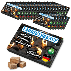 FLAMMBURO FABRIKVERKAUF (24 Schachteln) Anzündwürfel aus Holz und Wachs vom Deutschen Hersteller, Grillanzünder, Kaminanzünder, Ofenanzünder, 24 Anzündplatten geschnitten in 24, 32 oder 40 Würfel