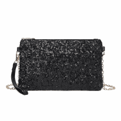 Miss Lulu Damen Fashion Pailletten Tasche Mini Clutch kleine Damen Kettentasche Umhängetasche für Hochzeiten, Dates und verschiedene Anlässe mit goldener Kette Schwarz