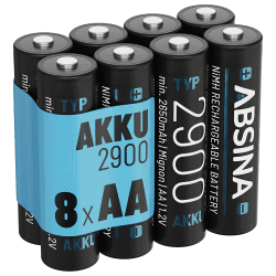 ABSINA Akku AA wiederaufladbar 2900 8er Pack - NiMH AA Akku mit 1,2V & min. 2650mAh - Aufladbare Batterien AA für Geräte mit hohem Stromverbrauch - Akkus AA für Blitzgerät, Wii & Xbox Controller