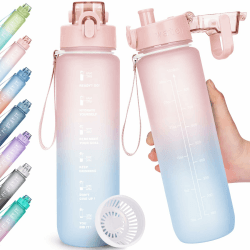 AOHAN Trinkflasche, 1l Wasserflasche BPA-Frei, Trinkflasche Sport Auslaufsicher, Sportflasche mit Zeitmarkierung für Fitness, Büro, Schule, Yoga, Outdoor