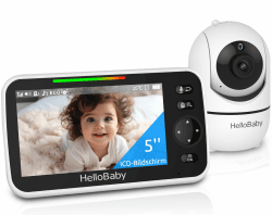 HelloBaby Babyphone mit Kamera, 30 Stunden Akku mit 5 Zoll Bildschirm, 355° Schwenken-120° Neige-Zoomen, Babyfone ohne WLAN, 2 Wege Audio, Temperatur, 8 Schlaflieder, Nachtsicht und 305 m Reichweite