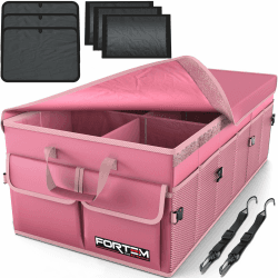 FORTEM Kofferraum Organizer, Kofferraumtasche, Zusammenklappbarer Auto Organizer Kofferraum mit Fächern, Rutschfester Boden, Verstellbare Sicherungsriemen, Klappbarer Deckel (Rosa, Größe XL)