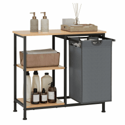 EUGAD Badregal mit Wäschekorb, Wäschesammler mit 4 Ablagen, 31 L Wäschesack ausziehbar abnehmbar, Standregal offen, für Badezimmer Waschküche, 70x65x30 cm, Schwarz helle Eiche