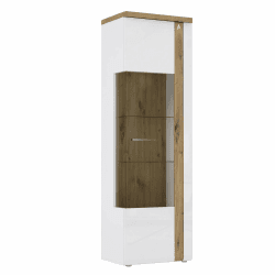 FORTE Tuluza Vitrine mit 1 Glastür, Holzwerkstoff, Weiß kombiniert mit Artisan Eiche und Weiß Glanz, 66,5 x 196 x 43,2 cm