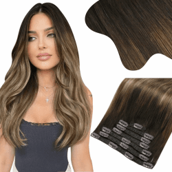 Moresoo Clip in Extensions Echthaar Balayage Braun Ombre Dunkelblond Hair Extensions Clip in 40cm 135gram Voller Kopf Haarextension Clip in #4/10/16 40 cm 135g #4/10/16