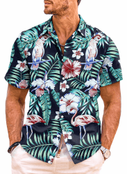 Meilicloth Hawaii Hemd Männer Funky Hawaiihemd Herren Kurzarm Lässig Button Down Baumwolle Hawaii-Print Diverse Farben L A Schwarzes Flamingo