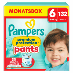 Pampers Baby Windeln Pants Größe 6 (15kg+) Premium Protection, Extra Large mit Stop- und Schutz Täschchen, MONATSBOX, 132 Höschenwindeln