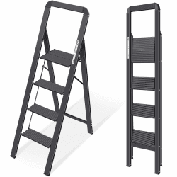 KINGRACK Leiter Aluminium, Trittleiter 4 stufen klappbar, leiter 4 stufen mit Handlauf, rutschfeste Haushaltsleiter mit Klappsicherung, Aluleiter Belastbar bis 150 kg,für Zuhause, Büro, Garten,Schwarz