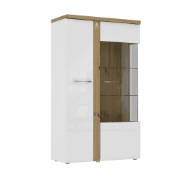 FORTE Tuluza Vitrine mit 1 Tür und 1 Glastür, Holzwerkstoff, Weiß kombiniert mit Artisan Eiche und Weiß Glanz, 98,5 x 164 x 43,2 cm