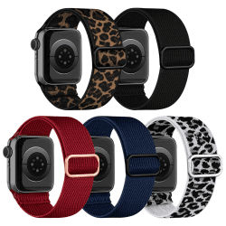 chinbersky 5 Pack Solo Loop Armband Kompatibel mit Apple Watch Armband 45mm 44mm 42mm 41mm 40mm 38mm,Verstellbares Dehnbare Nylon Sport Herren Damen Armband für iWatch SE Series 10/9/8/7/6/5/4/3/2/1 Schwarz/Rot/Marineblau/Weißer Leoparden-Print/Leoparden-