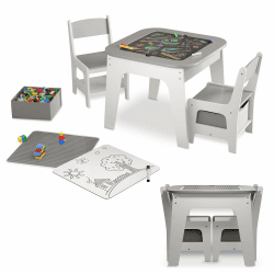 Juskys Kindersitzgruppe Milou - Set mit 2 Stühlen & 1 Tisch - Kindertisch Holz - Spieltisch mit Stauraum - Sitzgruppe für Kinder, Maltisch - Grau