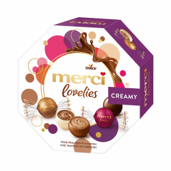 merci lovelies Creamy – 1 x 185g – Pralinenmischung mit gefüllten Schokoladen-Spezialitäten (Verpackung kann variieren)