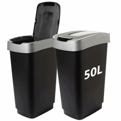 SUSTANIA Duo Mülleimer Küche 2 Fächer 50L - Geruchsdicht Doppel Abfalleimer mit Schwingdeckel 2x50 Liter Groß, 60x45x34 cm, Robust Recycelbarer Kunststoff, Schwarz/Silber, Made in EU