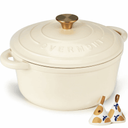 Overmont Bräter Emaille Gusseisen Topf - Schmortopf 26cm backofengeeignet - mit Deckel und Kochbuch - für Küche Backen Schmoren Braten Weiß