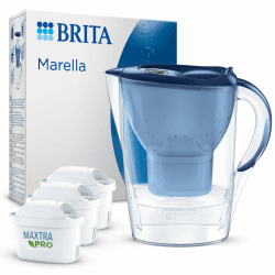 BRITA Wasserfilter Kanne Marella blau (2,4l) inkl. 3x MAXTRA PRO All-in-1 Wasserfilterkartusche – Filter zur Reduzierung von Kalk, Chlor, Blei, Kupfer und geschmacksstörende Stoffe im Wasser