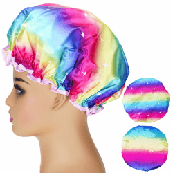 G2PLUS Wasserdichte Duschhaube 2 Stück,Doppelschicht Duschhauben 32CM,Badekappe Elastische Wiederverwendbare Badehüte für Salon,Spa, Hotel,Regenbogen