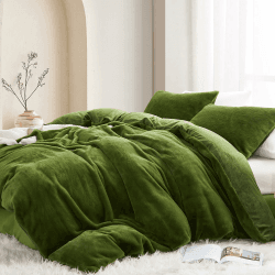 Lanqinglv Plüsch Bettwäsche 200x200 Grün Weiß Kunstfell Flauschig Winterbettwäsche Warme Kuschelig Flanell Fleece Biber Unifarben Bettbezug mit Reißverschluss und 2 Kissenbezug 80x80cm