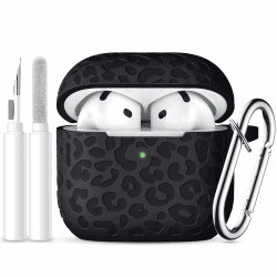 Ouwegaga Gravierte Hülle Kompatibel mit AirPods 4 Hülle 2024, Stoßdämpfender Silikon AirPods 4 Case Kompatibel mit Apple AirPods 4. Generation, LED Sichtbar,mit Karabiner&Reinigungskit,Léopard Schwarz
