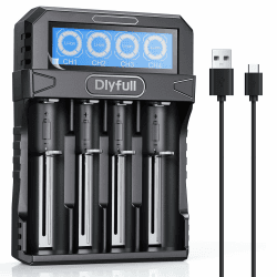 Dlyfull 18650 Ladegerät, Universal Akku Ladegerät LCD-Display für 3,7V Li-Ion Akku 18650 21700 18700 26650 22650 20700 16340(RCR123) 14500 Tragbares USB-C Batterieladegerät, 4 Fach