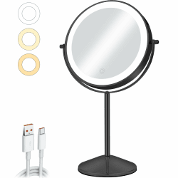 AumVum 8" Kosmetikspiegel mit Beleuchtung Wiederaufladbarer, 1X/10X Vergrößerungsspiegel mit Licht 54 LED-Leuchten 3 Farben Beleuchtung Helligkeit 360° Schwenkbar für Schlafzimmer, Schwarz